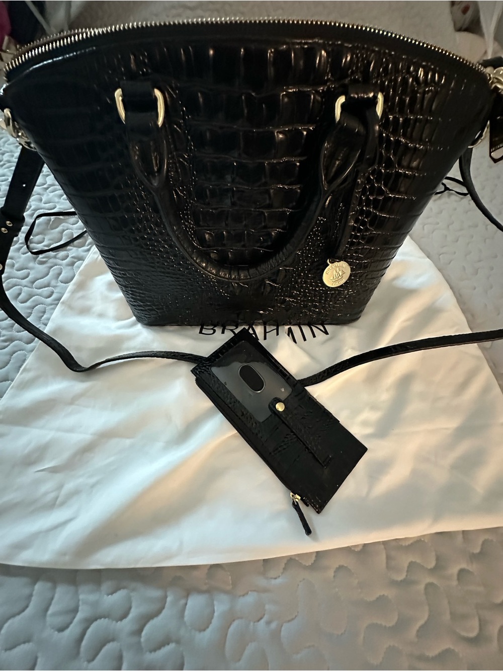 Brahmin Black Croc-Embossed Satchel with Matching Card Case - Picture 2 of 10